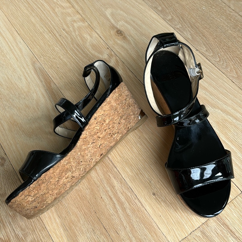 Jimmy Choo Portia Black Patent Leather Cork Wedge Cross Strap Sandals